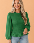 Solid Smocked Ruffle Hem Long Sleeve Blouse