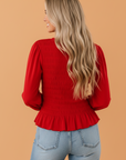 Solid Smocked Ruffle Hem Long Sleeve Blouse