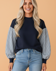 Navy Gingham Sleeve Mock Neck Sweatshirt