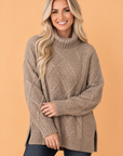 Dark Khaki Cable Knit Turtleneck Sweater