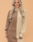 Colorblock Cable Knit Turtleneck Mini Dress — Parchment