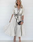 Polka Dot Scallop Trim Button Down Midi Dress