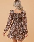 Brown Floral Smocked Long Sleeve Dress
