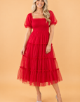 Swiss Dot Tulle Smocked Puff Sleeve Midi Dress