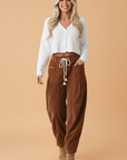 Chestnut Corduroy Barrel Pants with Drawstring Waist