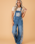 Floral Patchwork Bib Wide Leg Denim Overalls