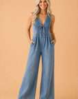 Acid Wash Denim Pleated Tie V-Neck Jumpsuit