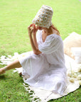 Rosemary Dotted Plaid Cotton Dress, in Off white