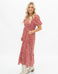 Puff Sleeve Midi Dress, Red Floral