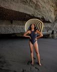 The Solana Oversized Striped Straw Hat in Black & Natural