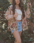 Floral Waffle Knit Patchwork Chest Pocket Buttoned Jacket