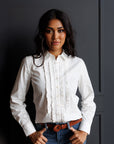 Signature Tuxedo Ruffle Button Down Blouse in White