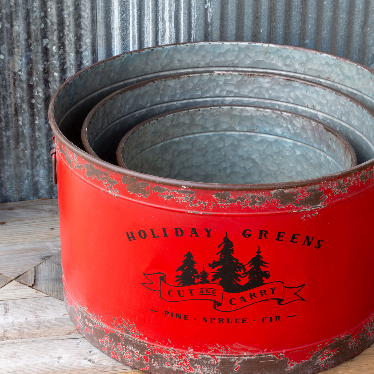 Antique Red Metal Tree Pots, Set of 3 - Online Only