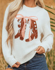 Western Bow Tie Boots Embroidered Drop Shoulder Sweater