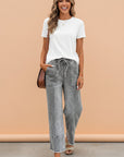 Denim Raw Hem Drawstring Wide Leg Pants