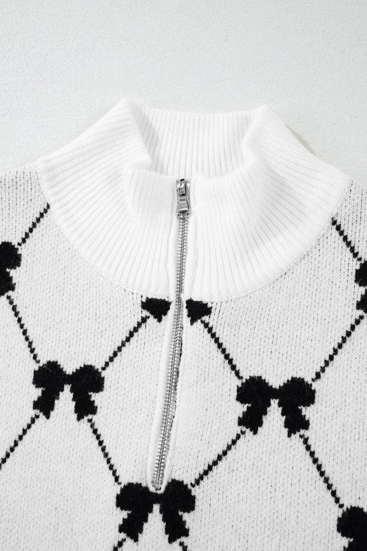 Bow Colorblock Quarter-Zip Collared Sweater