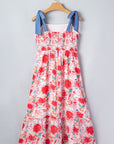 Floral Denim Tie Strap High Waist Maxi Dress