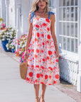 Floral Denim Tie Strap High Waist Maxi Dress