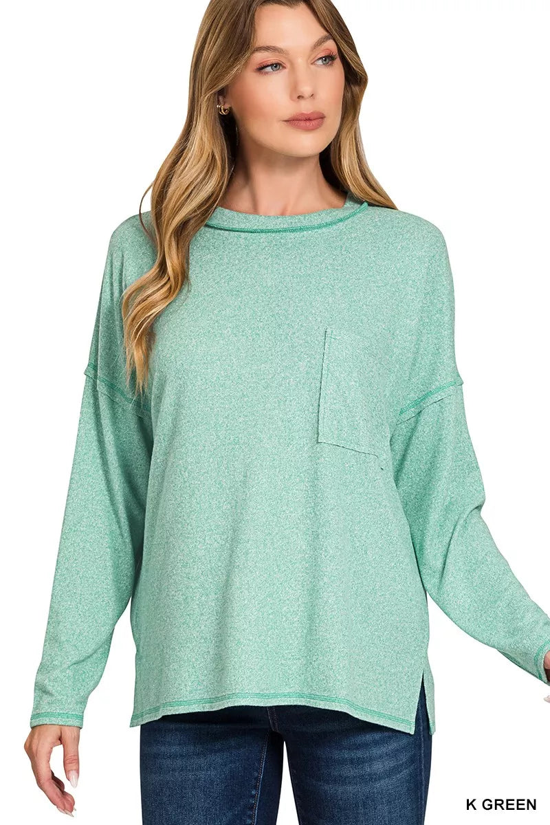 Zenana Soft Melange Hacci Round-Neck Long Sleeve T-Shirt in Green