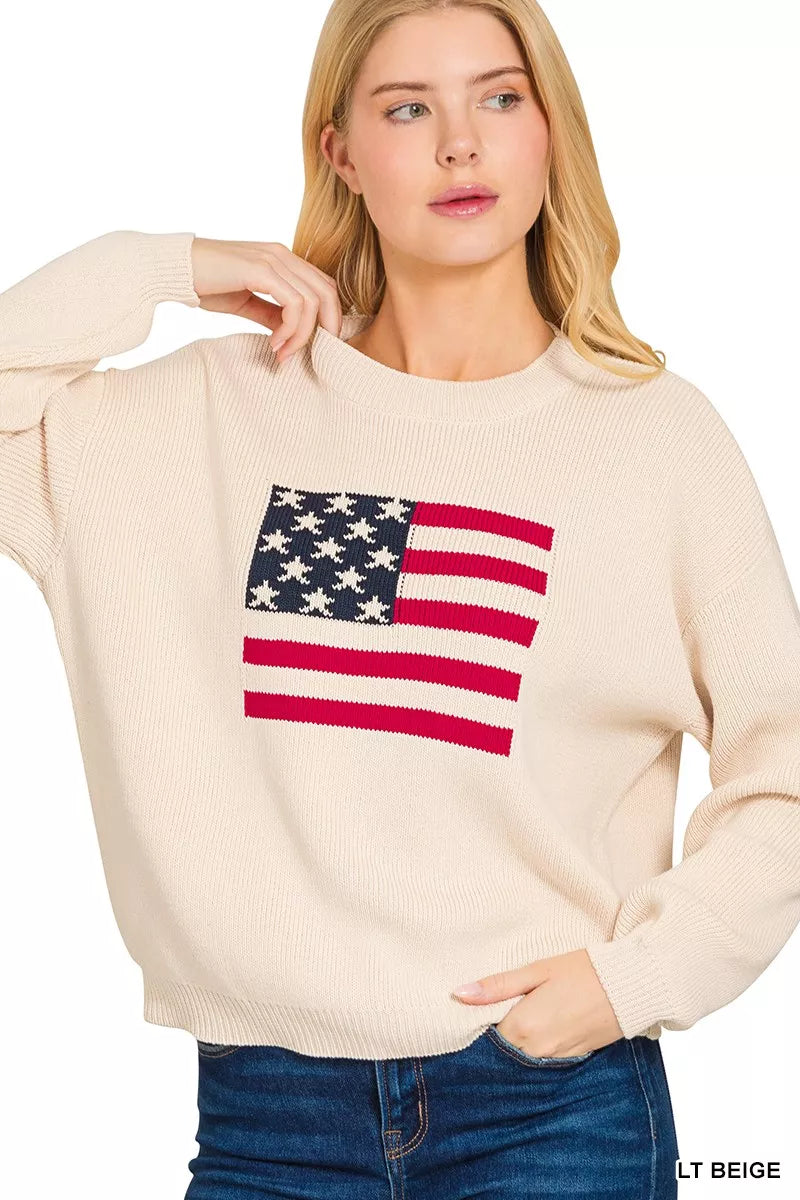 Zenana American Flag Crew Neck Sweater in Beige