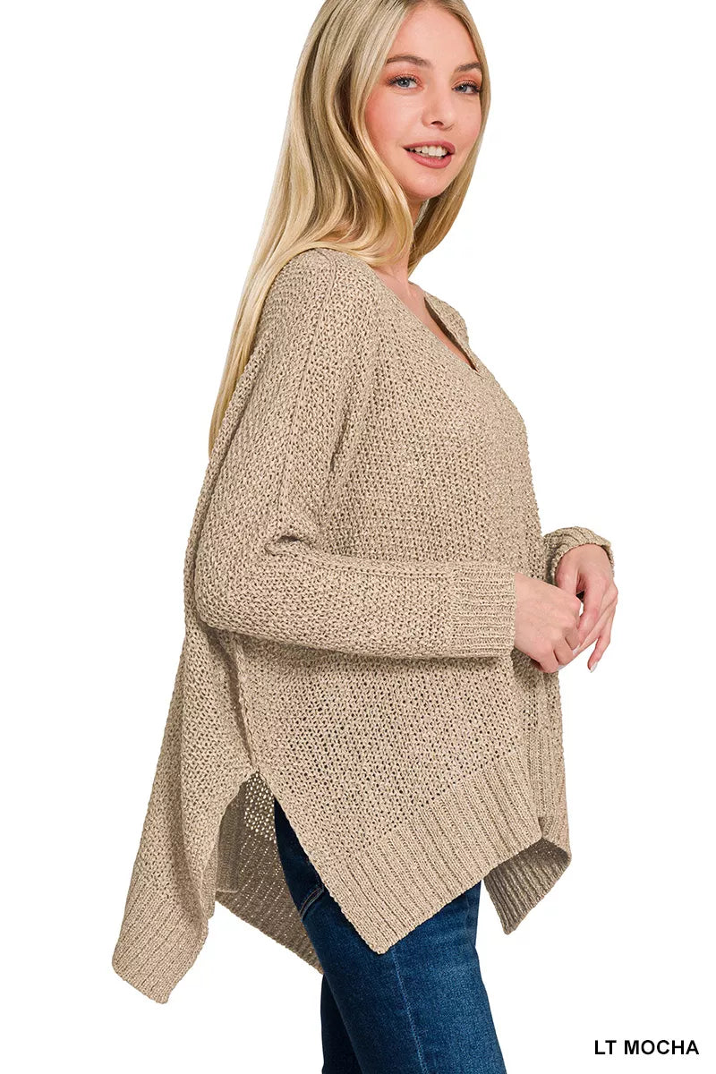 Zenana Dolman Sleeve V-Neck Sweater in Mocha