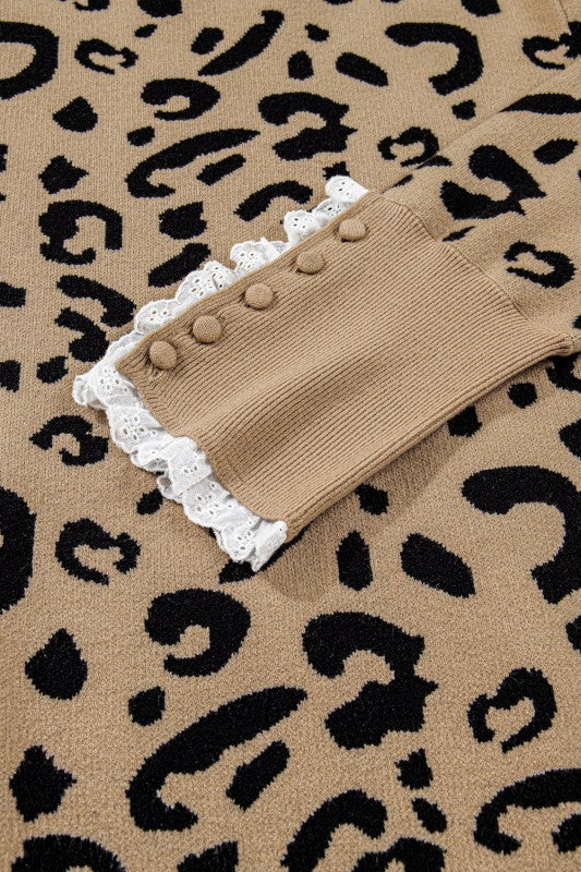 Plus Size Leopard Knit Lacy Trim Sweater