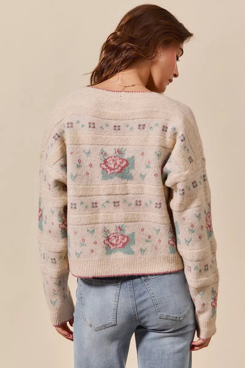 SO ME Floral Pattern Long Sleeve Button Sweater Cardigan in Beige