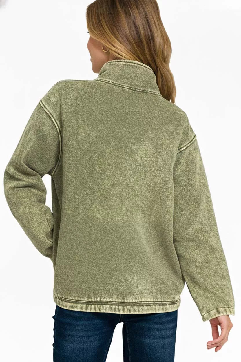Zenana Fleece Washed High Neck Kangaroo Pocket Sweatshirt in Olive