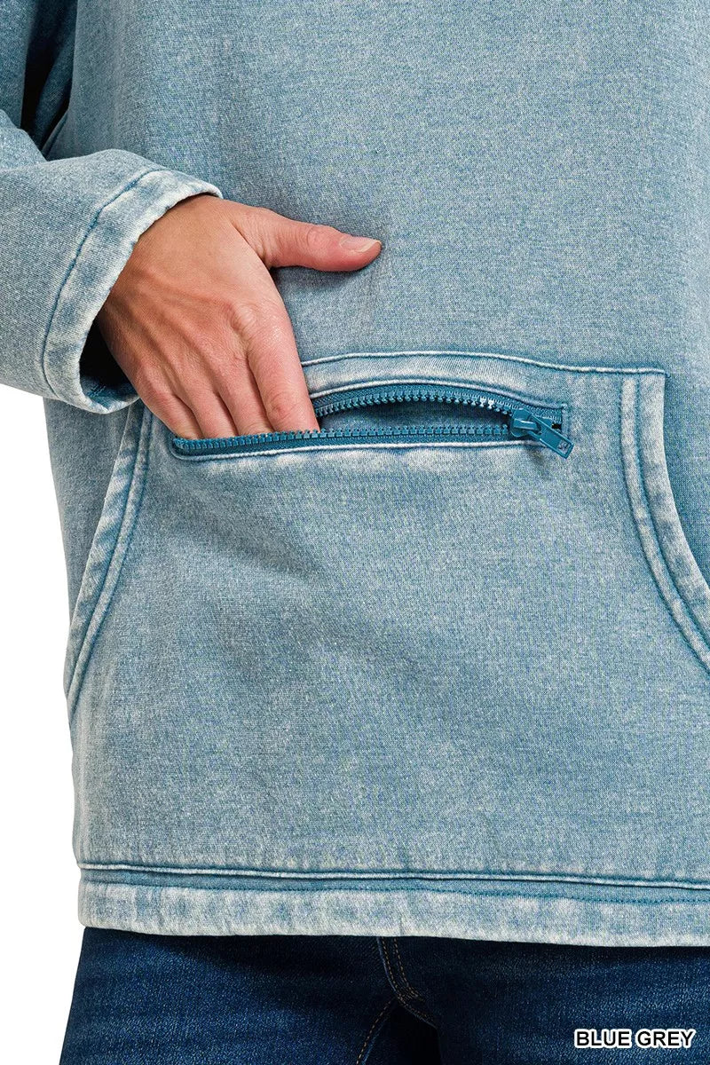 Zenana Fleece Washed High Neck Kangaroo Pocket Sweatshirt in Blue Grey