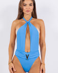 One Piece Bathing Suit Deep Open Front with Belted Waist