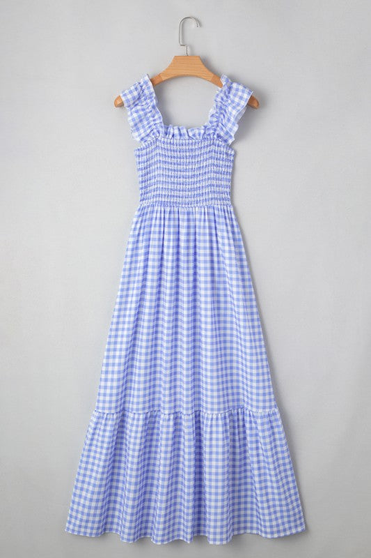 Blue Gingham Plaid Check Maxi Dress