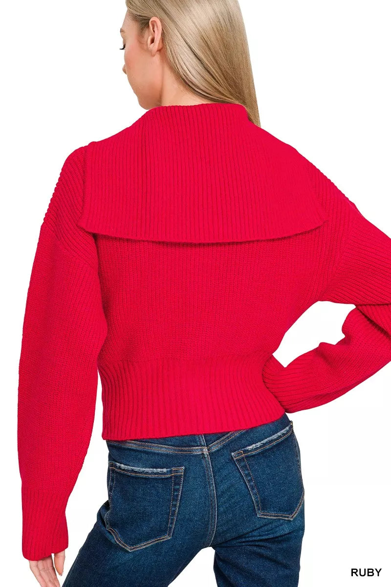 Zenana Ribbed Collared Zip Up Sweater Cardigan in Ruby