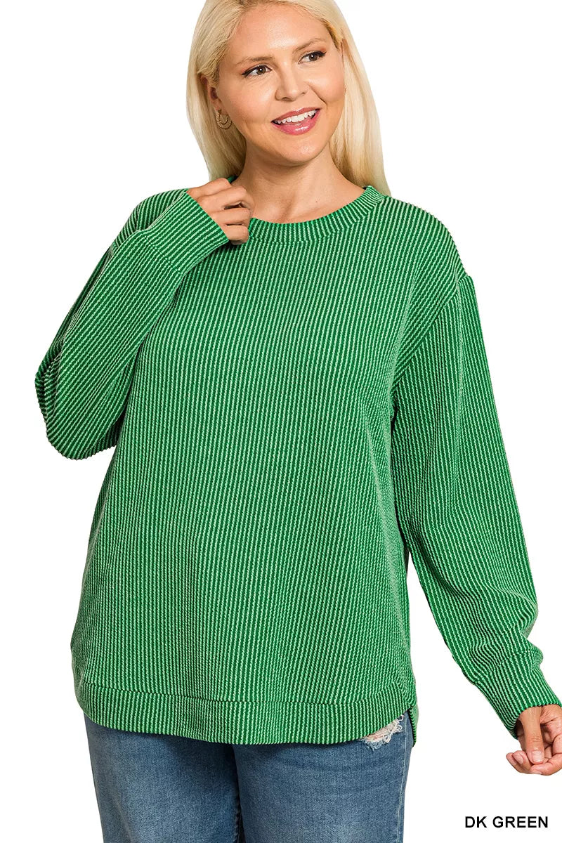 Zenana Full Size Raised Rib Round Neck Long Sleeve Top Plus Size in Green