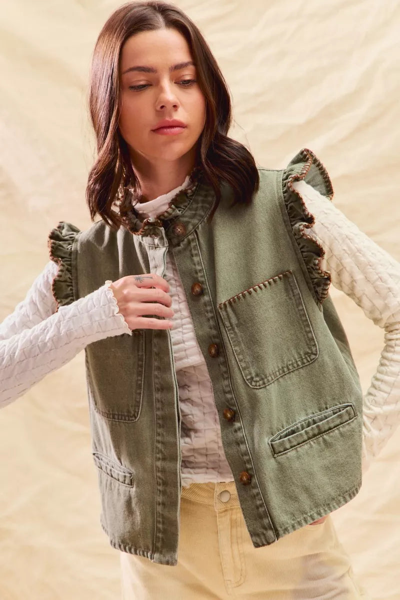 SO ME Washed Denim Stitch Ruffled Hidden Button Vest Top