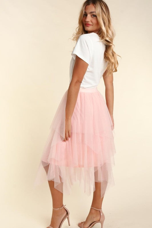 Asymmetric Tiered Tulle Midi Skirt with Lining
