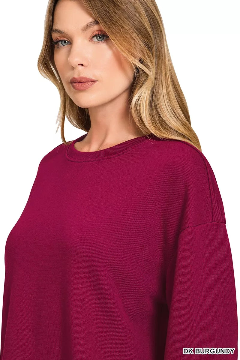Zenana French Rib Pullover and Pants Set in Burgurndy