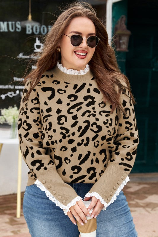 Plus Size Leopard Knit Lacy Trim Sweater