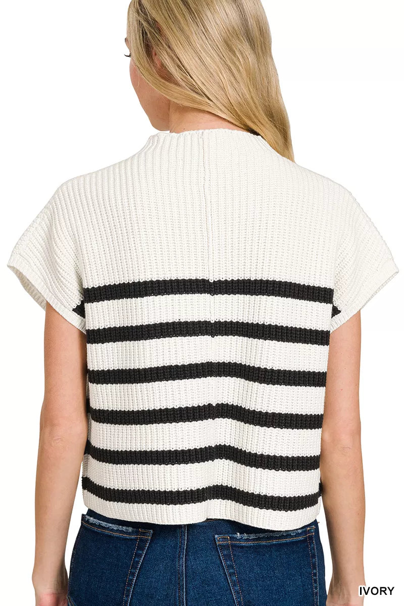 Zenana Short Sleeve Stripe Sweater in Ivory