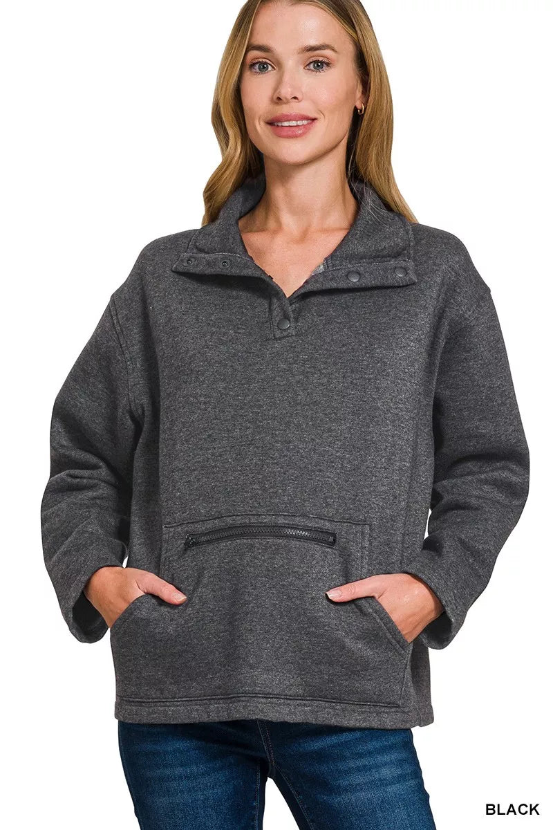 Zenana Fleece Washed High Neck Kangaroo Pocket Sweatshirt in Black
