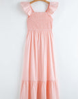 Solid V-Neck Flutter Sleeve Ruffle Maxi Dress