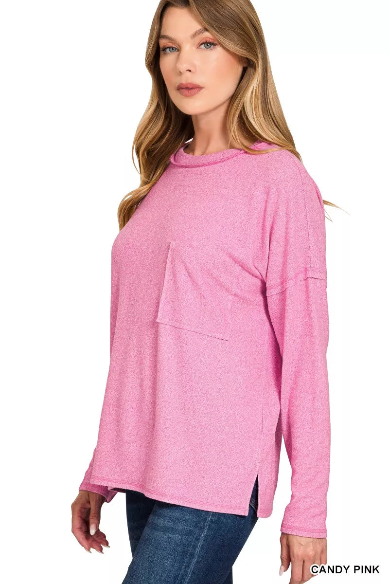 Zenana Soft Melange Hacci Round-Neck Long Sleeve T-Shirt in Pink