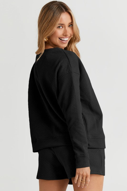Textured Long Sleeve Top and Drawstring Shorts Set