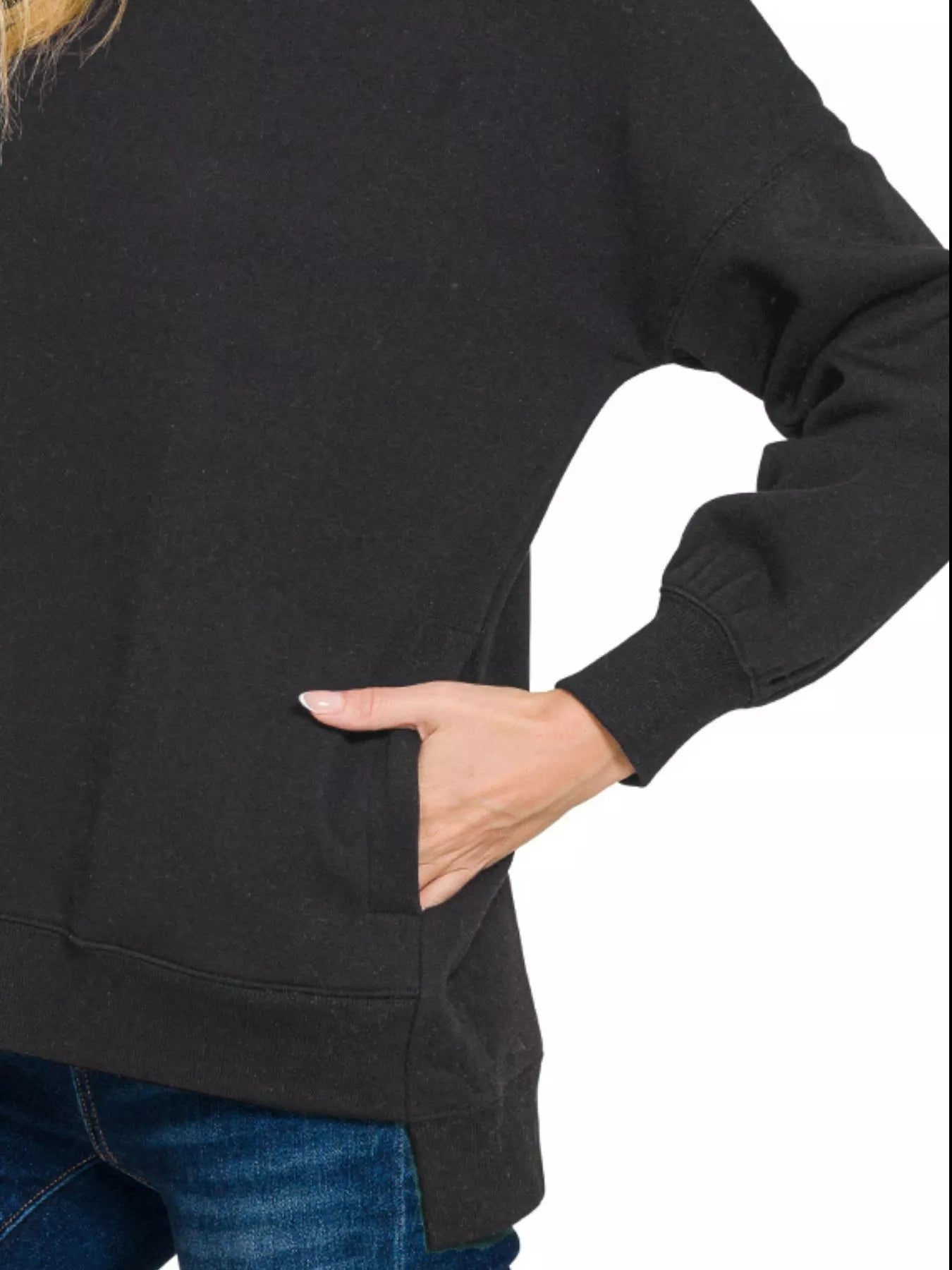 Zenana Full Size Fleece Hi-low Boyfriend Sweatshirts with Pockets Plus Size in Black