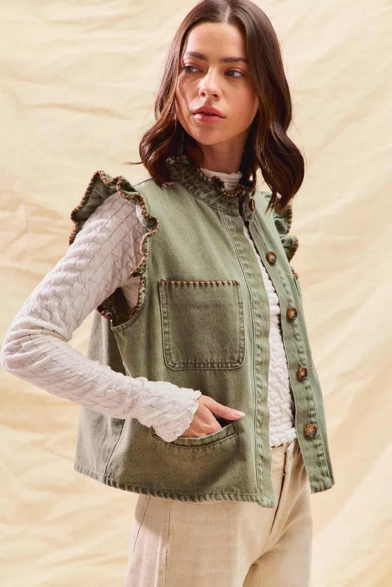 SO ME Washed Denim Stitch Ruffled Hidden Button Vest Top