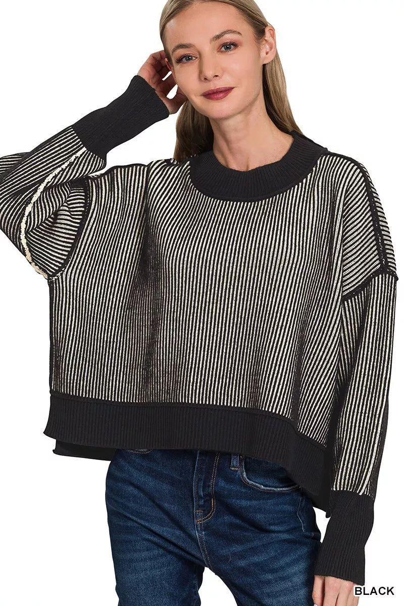 Zenana Ribbed Exposed Seam Two Tone Sweater in Black