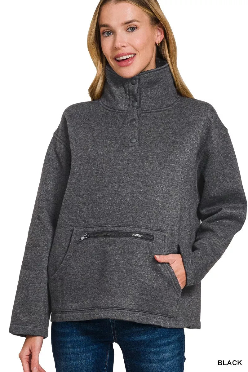 Zenana Fleece Washed High Neck Kangaroo Pocket Sweatshirt in Black