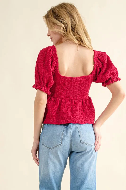 And The Why Lovely Textured and Smocked Top in Red