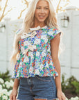 Floral Bow Tie Sleeveless Peplum Blouse