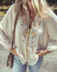 Floral Embroidered Textured Puff Sleeve Shirt
