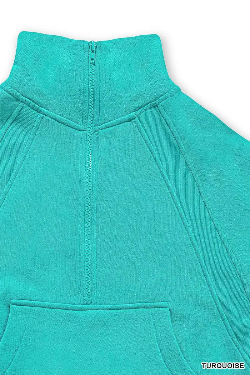 Zenana Fleece Half Zip Kangaroo Pocket Sweatshirts in Turquoise